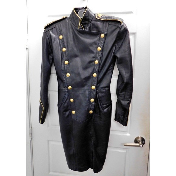 Michael Hoban Black Leather Gold Button Long Sleeve Dress North Beach sz M - Picture 1 of 7